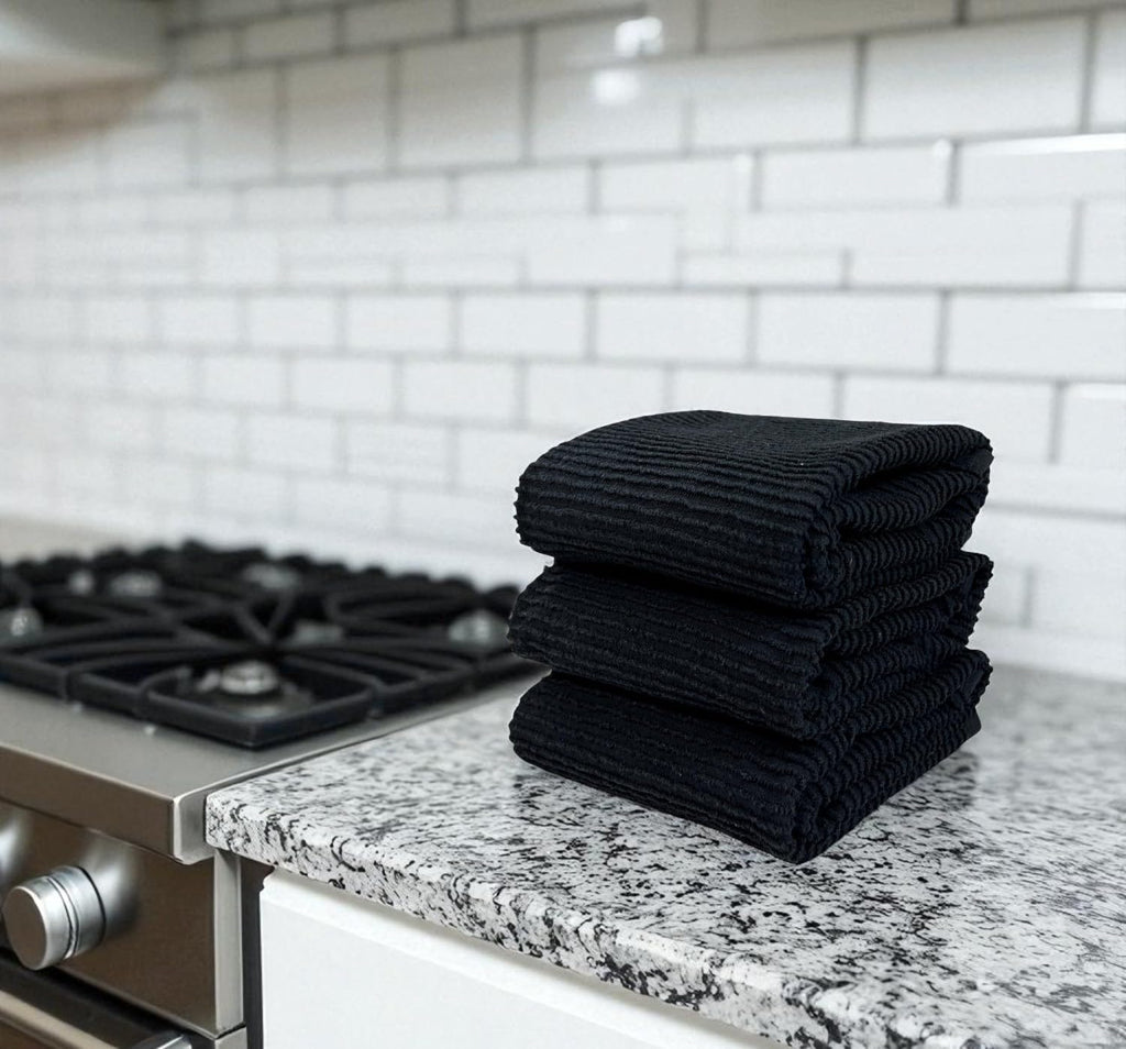 Black Kitchen Hand Dish Towels, Set of 3, 100% Cotton, 18" x 28"