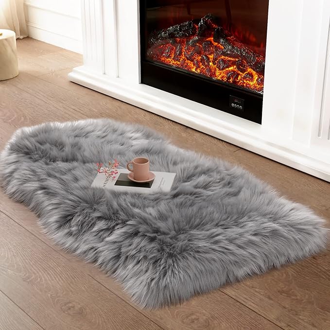 Ciicool Faux Sheepskin Rugs Soft Faux Fur Rug Grey Fluffy Chair Couch Cover - Image 2
