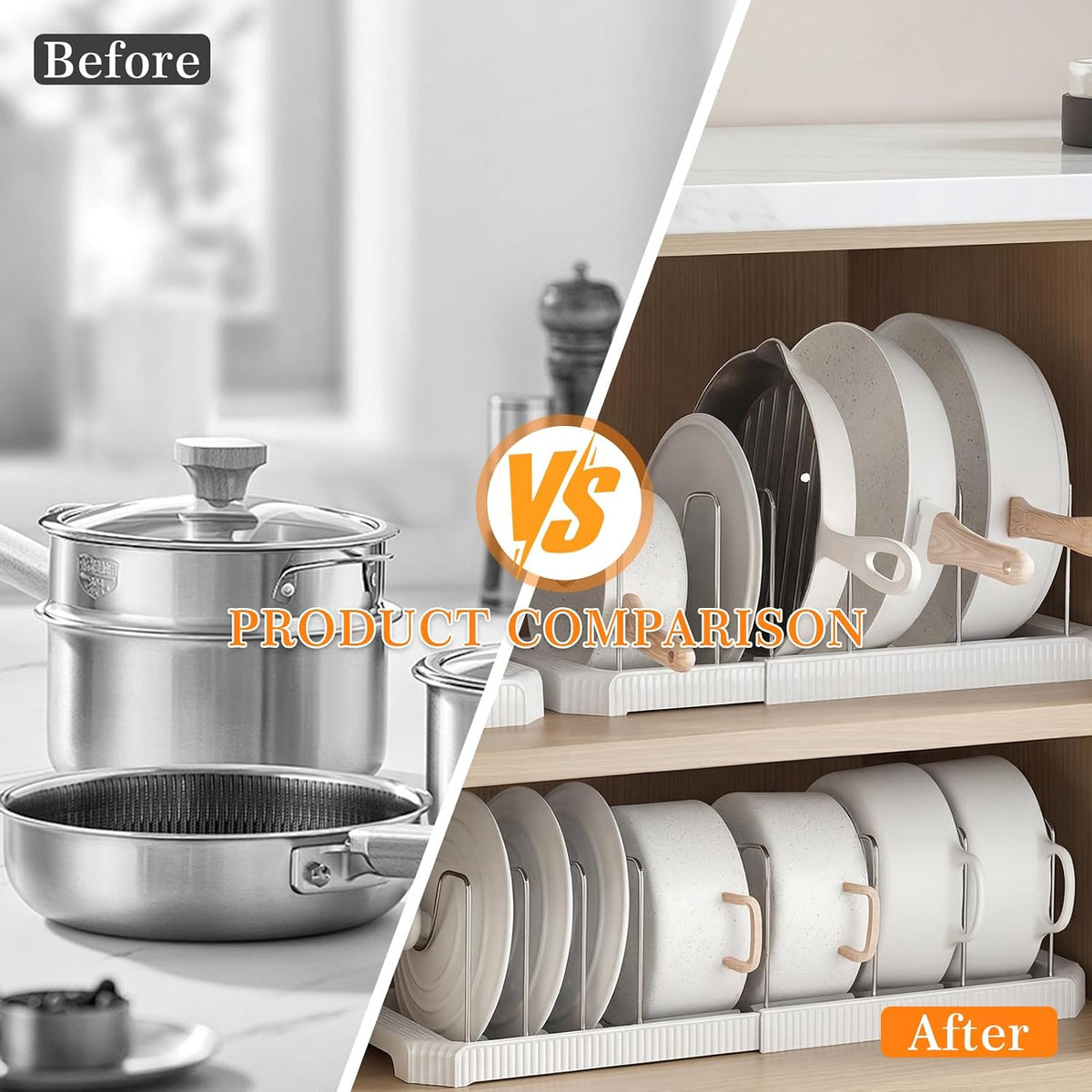 2 Pack Expandable Pots and Pans Organizer Under Cabinet, 13-22" Kitchen Cabinet Organizer with 10 Adjustable Dividers and 10Pcs Pot Protectors for Lids, Baking Sheets & Cookware (2, White)