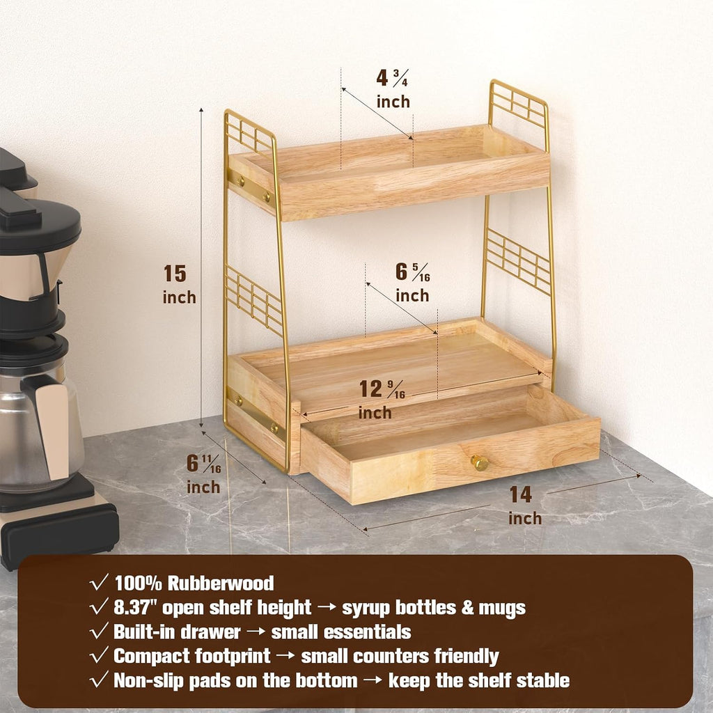 Coffee Bar Station Organizer with Drawer, 2-Tier Countertop Shelf (Natural)