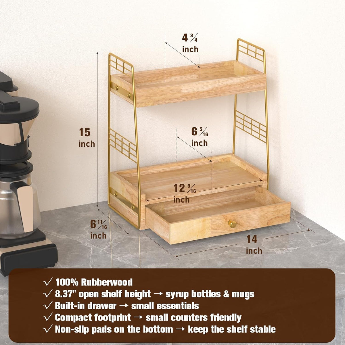 Coffee Bar Station Organizer with Drawer, 2-Tier Countertop Shelf (Natural)
