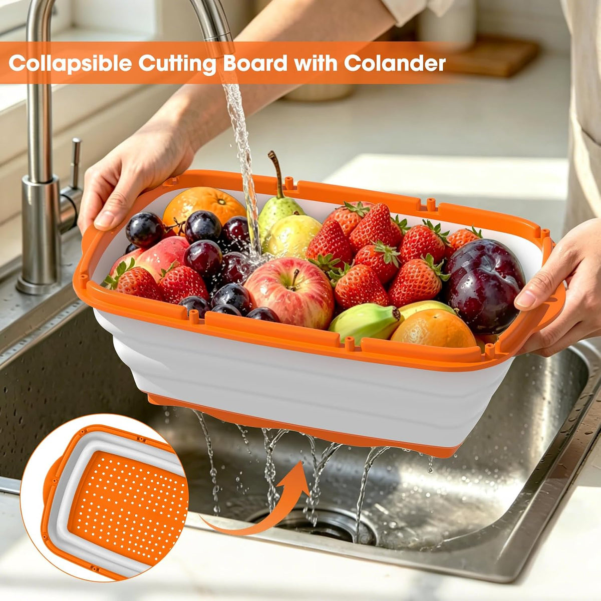 Gintan Camping Cutting Board, 9-in-1 Collapsible Chopping Board with Colander, Kitchen Vegetable Washing Basket for Camping, Camping Gifts Camping Accessories for RV Campers (orange)
