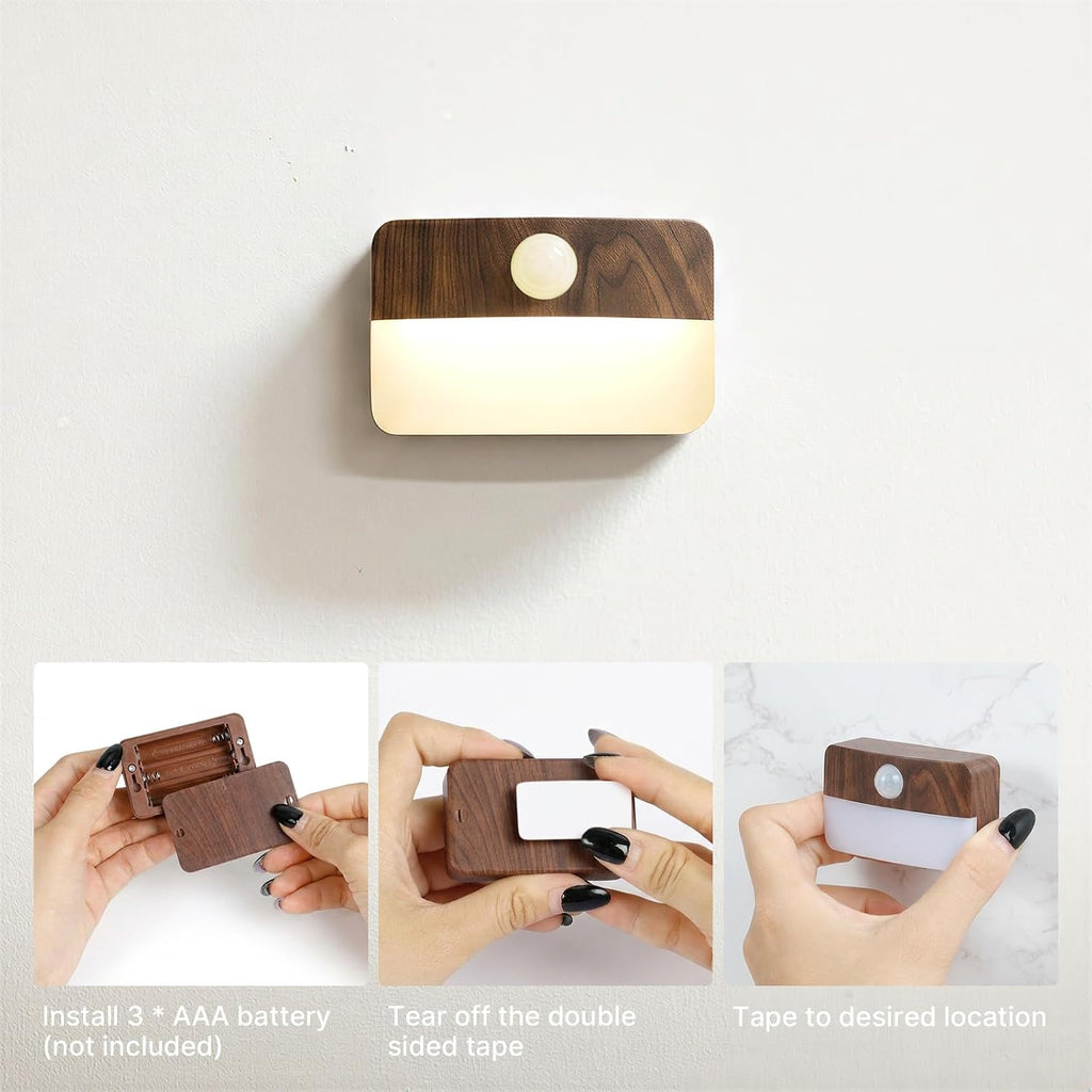 Guankai 8 Pack Motion Sensor Stair Light Indoor, Wireless Battery Operated Closet Lights, Stick on Anywhere Hallway Lamp, Portable Led Night Lamps for Bedroom Under Cabinet Kitchen, Wood Grain
