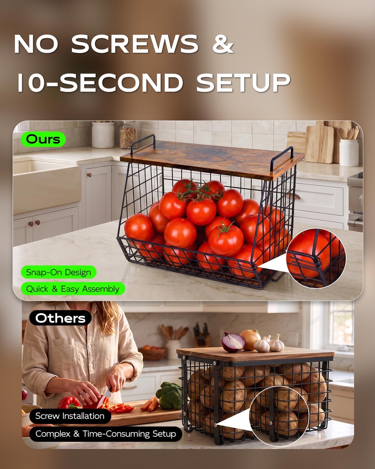 2 Pack Stackable Potato Storage Bins, Extra Large Pantry Organizer and Storage, Fruit Basket for Kitchen Counter, Potato and Onion Storage Bin with Wide Opening, Wall Mounted Vegetable Storage Basket