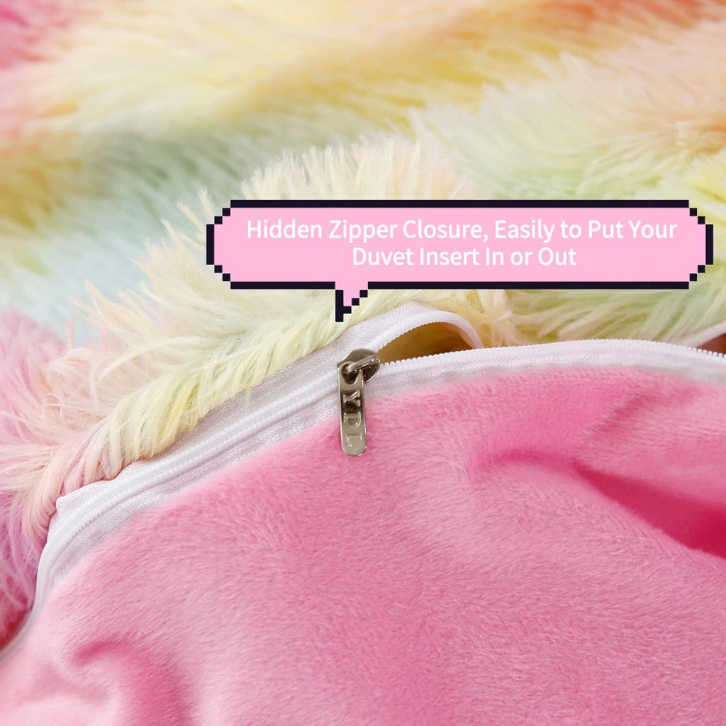 RYNGHIPY 3Pcs Rainbow Long Hair Bedding Sets Twin for Girls