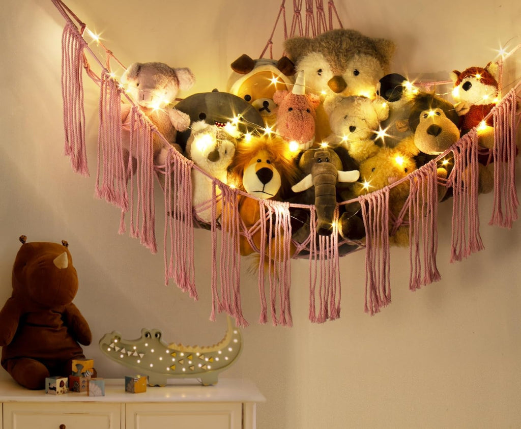 RelaxScene Stuffed Animal Storage Hammock Corner X-Large with LED Light - Baby Hammock Hanging Holder Plushies Net for Stuff Animals Organizer - Cute Room Decor Aesthetic Kids Toddler Nursery Bedroom