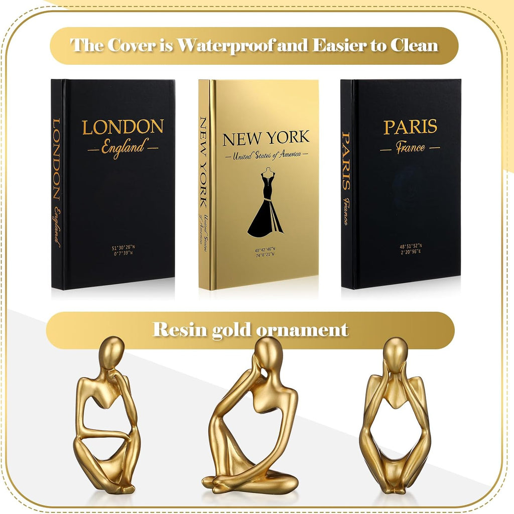 Feifeiya 6 Pcs Gold and Black Color Decorative Book & Thinker Statue Set