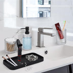 Bathroom Accessory Set,4 Pcs Clear Glass Bathroom Accessories Set-Lotion Soap Dispenser,Toothbrush Holder,Qtip Holder Dispenser & Resin Vanity Tray,Countertop Vanity Organizer,Crystal Clear