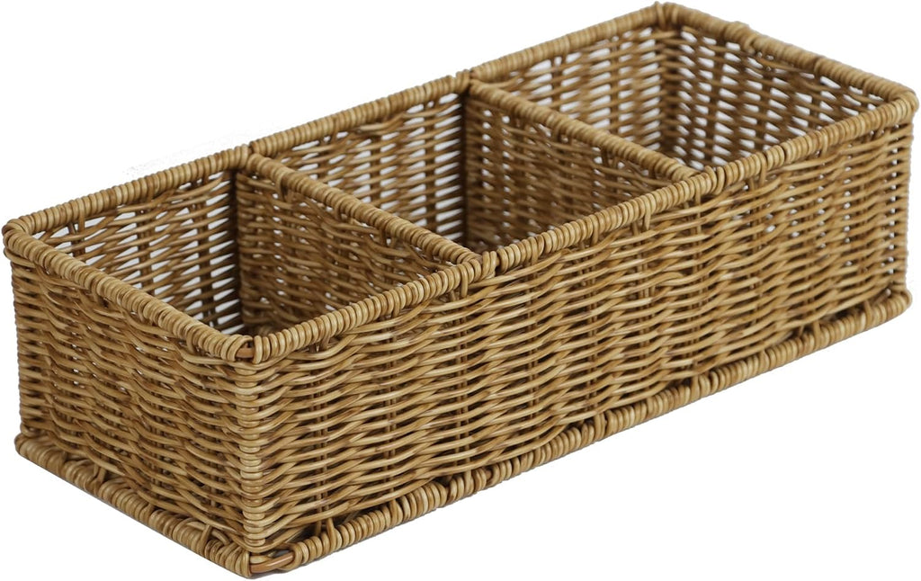 Waterproof Wicker Bathroom Basket with 3 Compartments, Light Brown