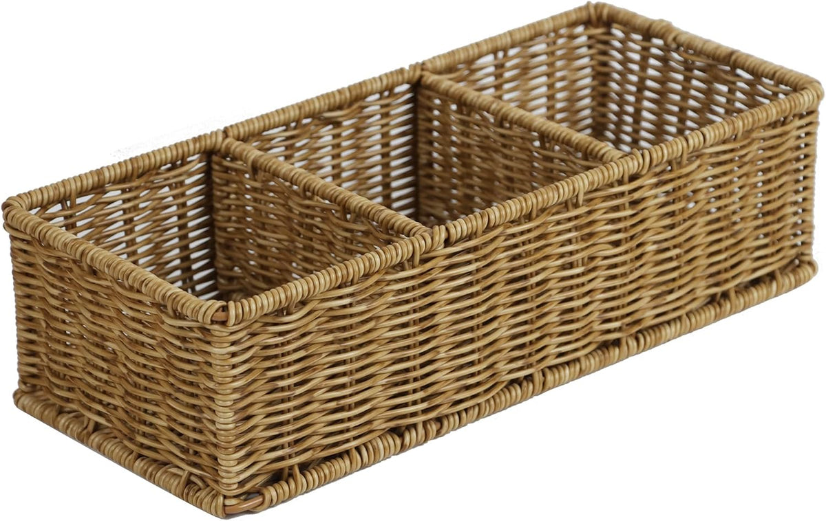 Waterproof Wicker Bathroom Basket with 3 Compartments, Light Brown