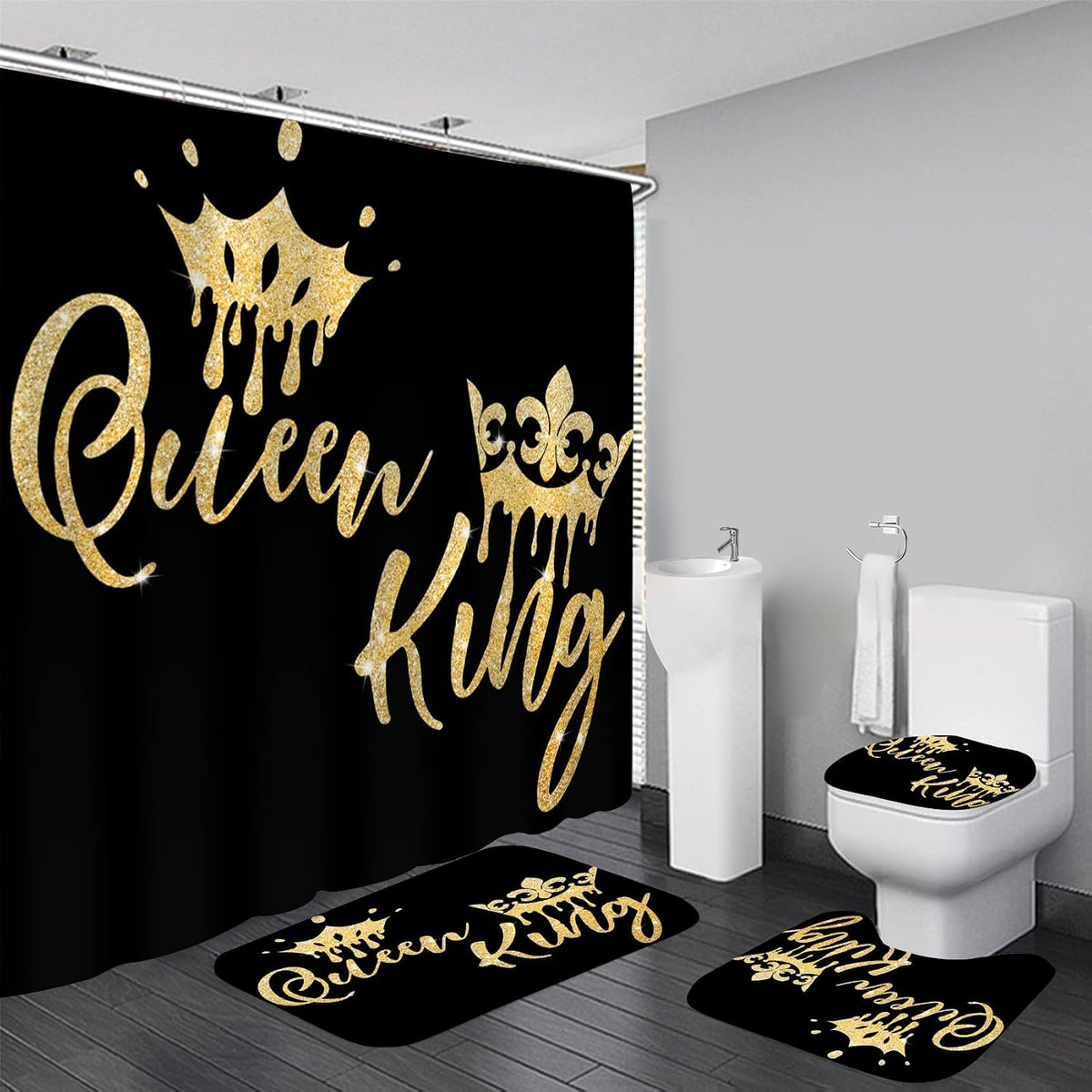 AZHM 4pcs Inspirational Quotes Shower Curtain Set with Rugs and Accessories
