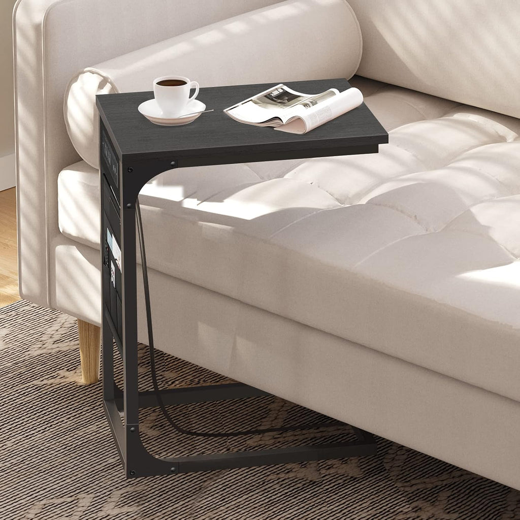 TUTOTAK C Shaped End Table with Charging Station, Side Table for Sofa