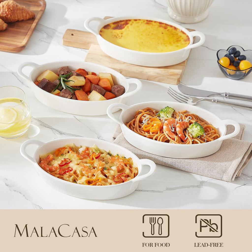 MALACASA Small Casserole Baking Dishes for Oven, Ceramic Oval Baking Dish Sets of 4, 8" x 5" Inch Au Gratin Baking Pans with Handles for Roasting, Lasagna, Pie, Baking Meat & Vegetables, White