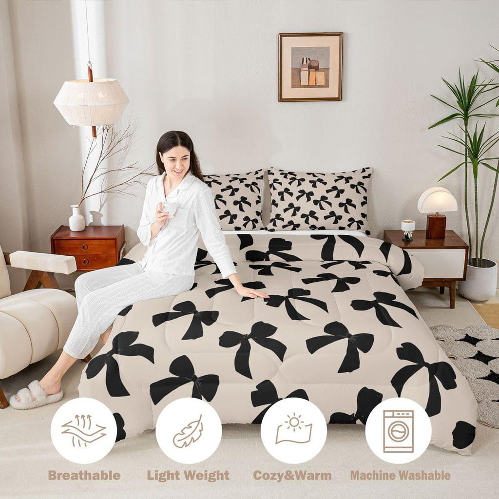 Feelyou Bow Comforter Set Toddler Size Elegant Bedding Set for Kids Boys Girls Kawaii Bow Duvet Quilt Black Bedroom Decor 2 Pcs with 1 Pillow Cases