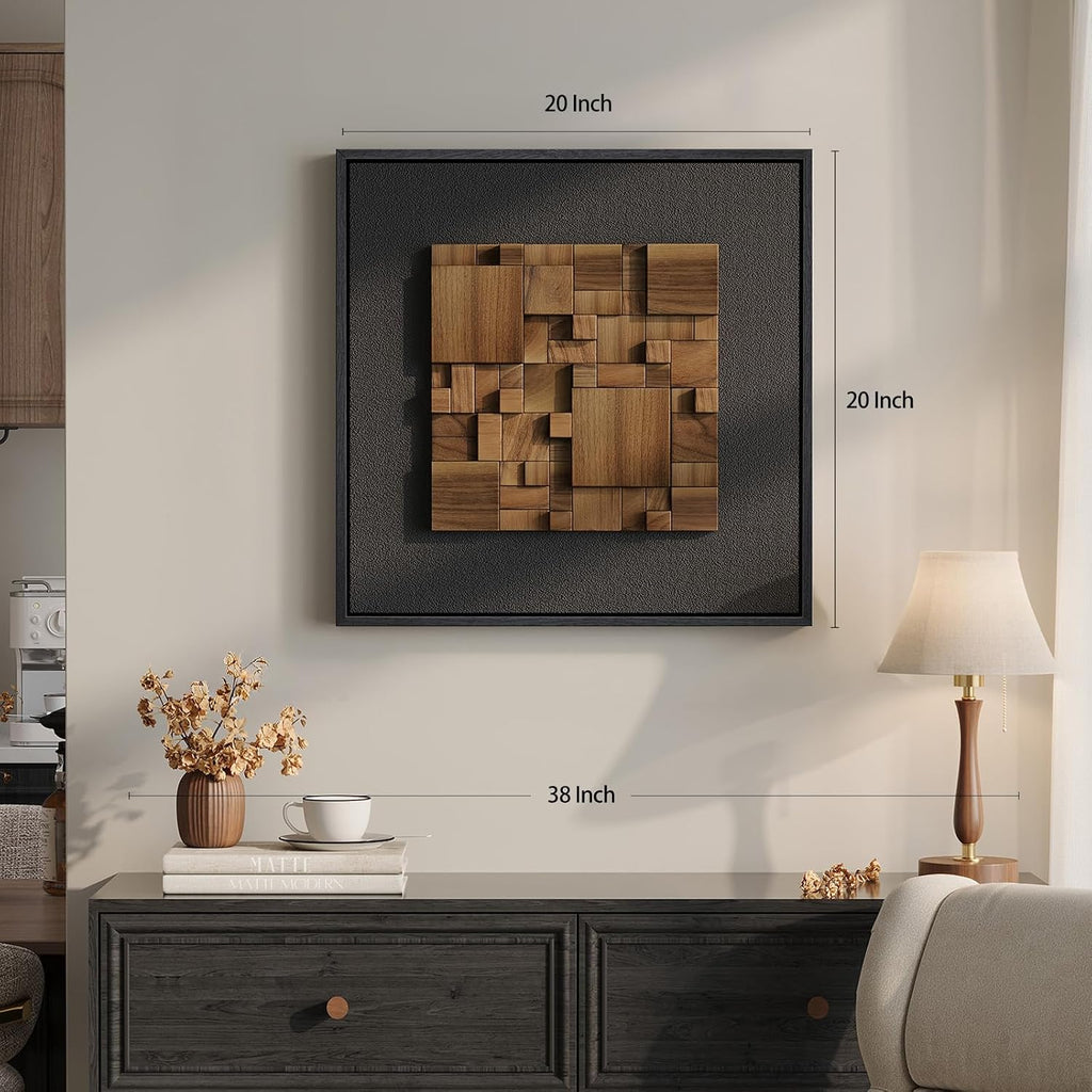 Framed 3D Textured Wood Wall Art for Living Room, Abstract Geometric 20x20