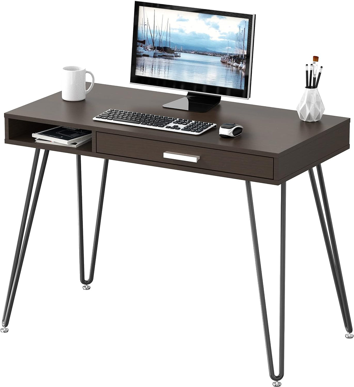 SHW Home Office Computer Hairpin Leg Desk with Drawer, Rustic Brown
