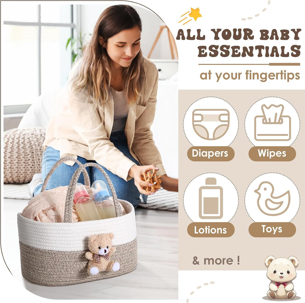 FoldTier Diaper Caddy Organizer Teddy Bear Basket for Nursery with Handle Baby Shower Storage Bin Portable Cotton Rope Gift Bag for Changing Table Cart Car Baby Wipes Newborn Essentials(Gray White)