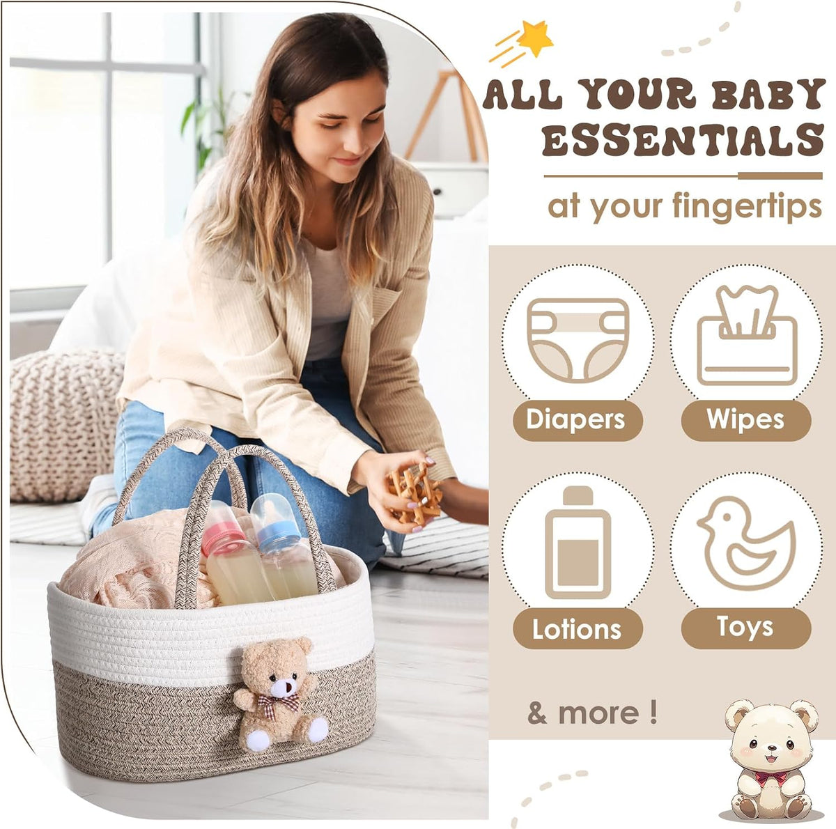 FoldTier Diaper Caddy Organizer Teddy Bear Basket for Nursery with Handle Baby Shower Storage Bin Portable Cotton Rope Gift Bag for Changing Table Cart Car Baby Wipes Newborn Essentials(Gray White)