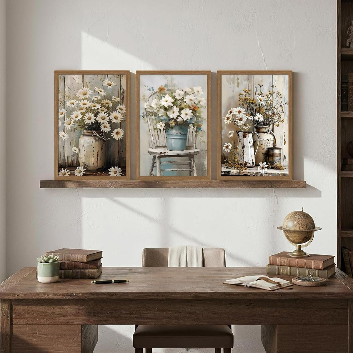 3ps Framed Rustic Farmhouse Wall Art Vintage Daisy Floral Canvas 12x16in