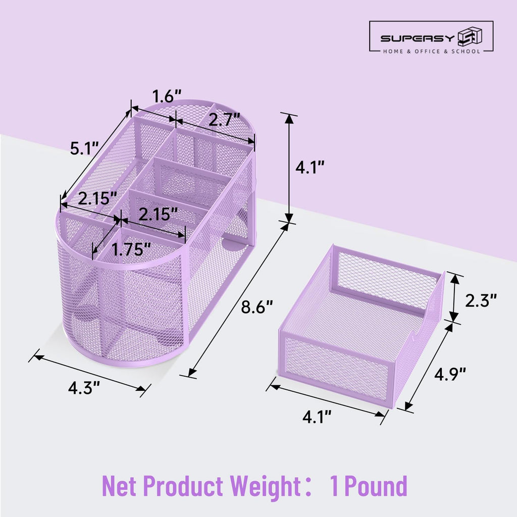 Mesh Desk Organizer with Drawer, 9-Compartment Pen Holder for Desk, Purple