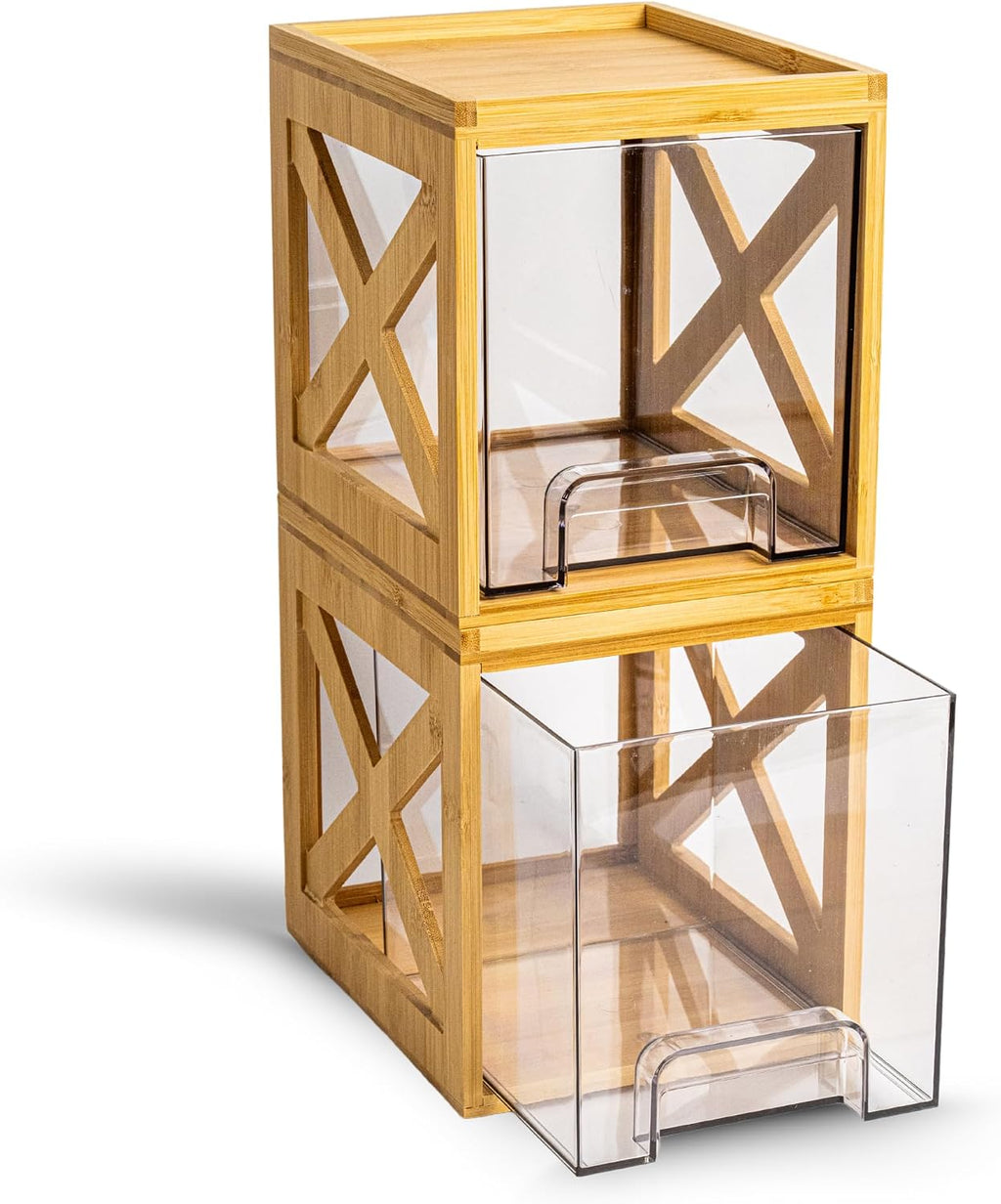 Bamboo Snack & Pantry Organizer, Stackable Pull-Out Drawers, 2 Pack