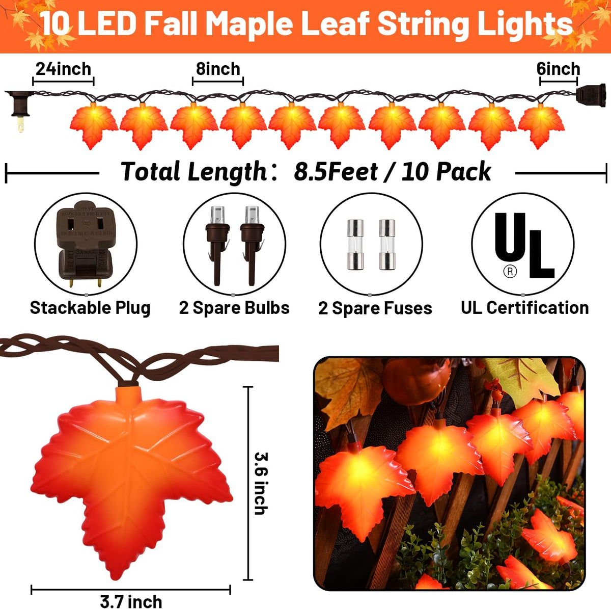 Fall Decor Maple Leaf String Lights, 8.5Ft Fall String Lights Plug In with 10 LED Orange Leaves Lights, Thanksgiving Lights Indoor Outdoor for Autumn Home Fireplace Harvest Thanksgiving Decorations