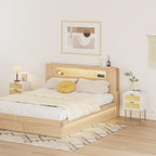 Aobafuir Nightstand with Charging Station, Rattan Nightstand for Bedroom, Small Bedside Table with Drawers, Night Stand, End Table with Gold Frame for Living Room (White, 2 Drawers)