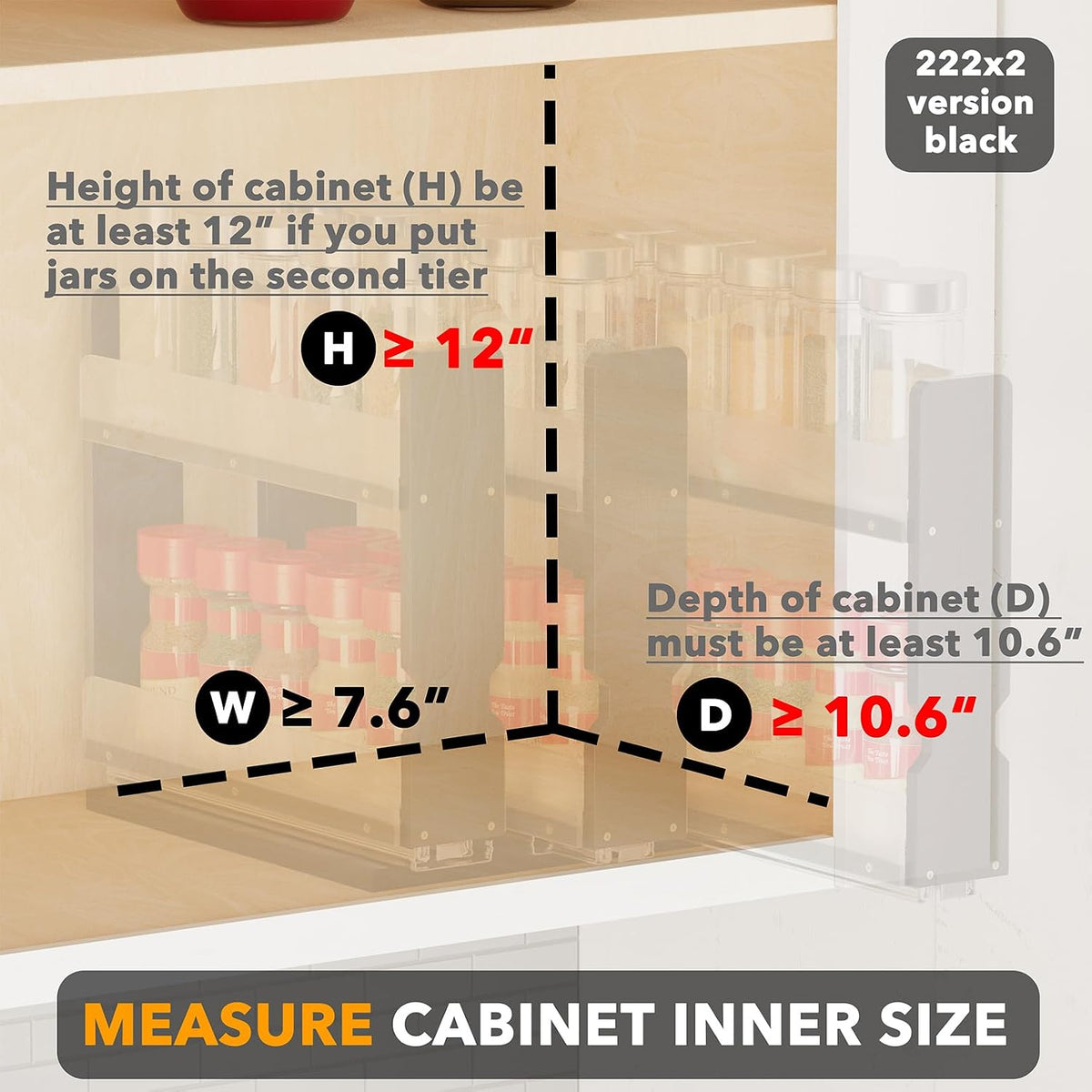 SpaceAid Bamboo Pull Out Spice Rack Organizer for Cabinet, Heavy Duty Slide Out Seasoning Kitchen Pantry Sliding Vertical Organization, 7.6" Wide, 3 Drawers(2" Wide), 2-Tier, Black