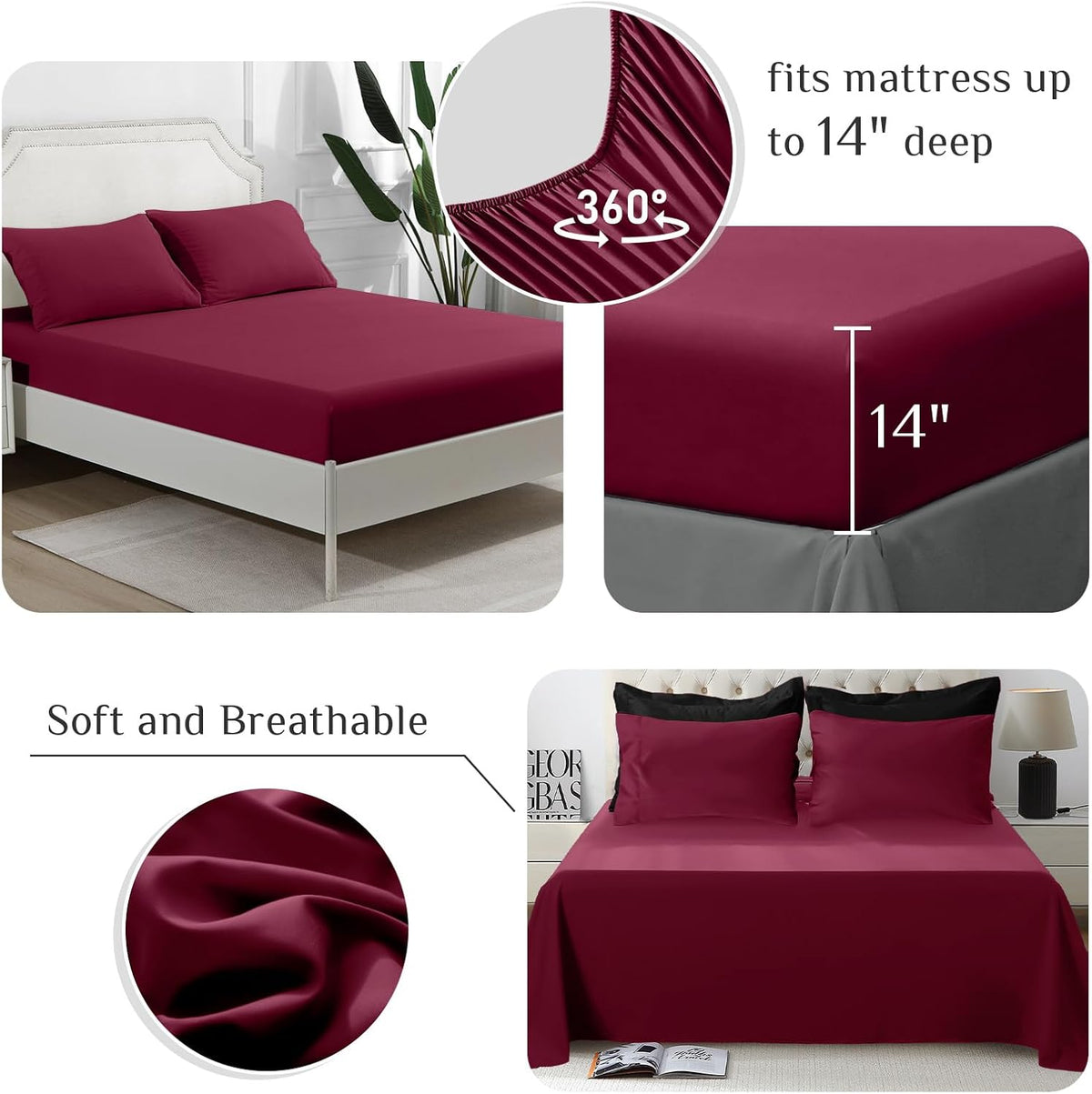 JOLLYVOGUE Queen Comforter Set, Ultra-Soft Bed in a Bag Queen Size 7 Pieces, Oeko-TEX Certified Bedding Set with Down Alternative Comforter, Sheets, Pillowcases & Shams, Black & Deep Burgundy