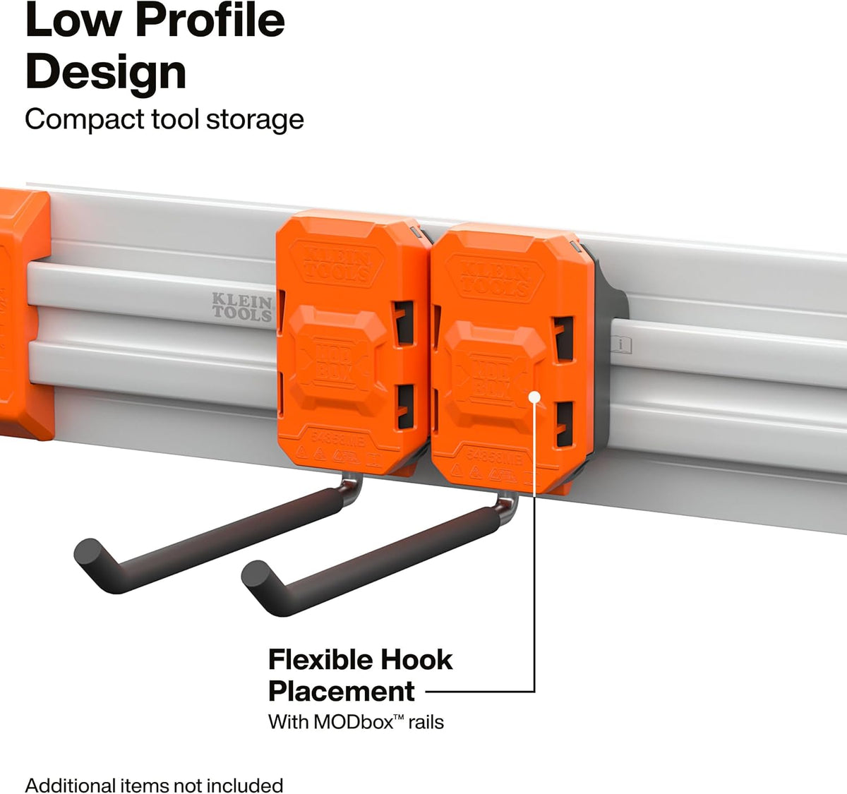 KLEIN TOOLS 54858MB MODbox Long Prong Hook 2-Pack, Modular Wall-Mounted Tool Hangers for Garage, Trailer, and Jobsite Storage, Dual-Use Mounting, Tool-Free MODbox Panel Compatibility