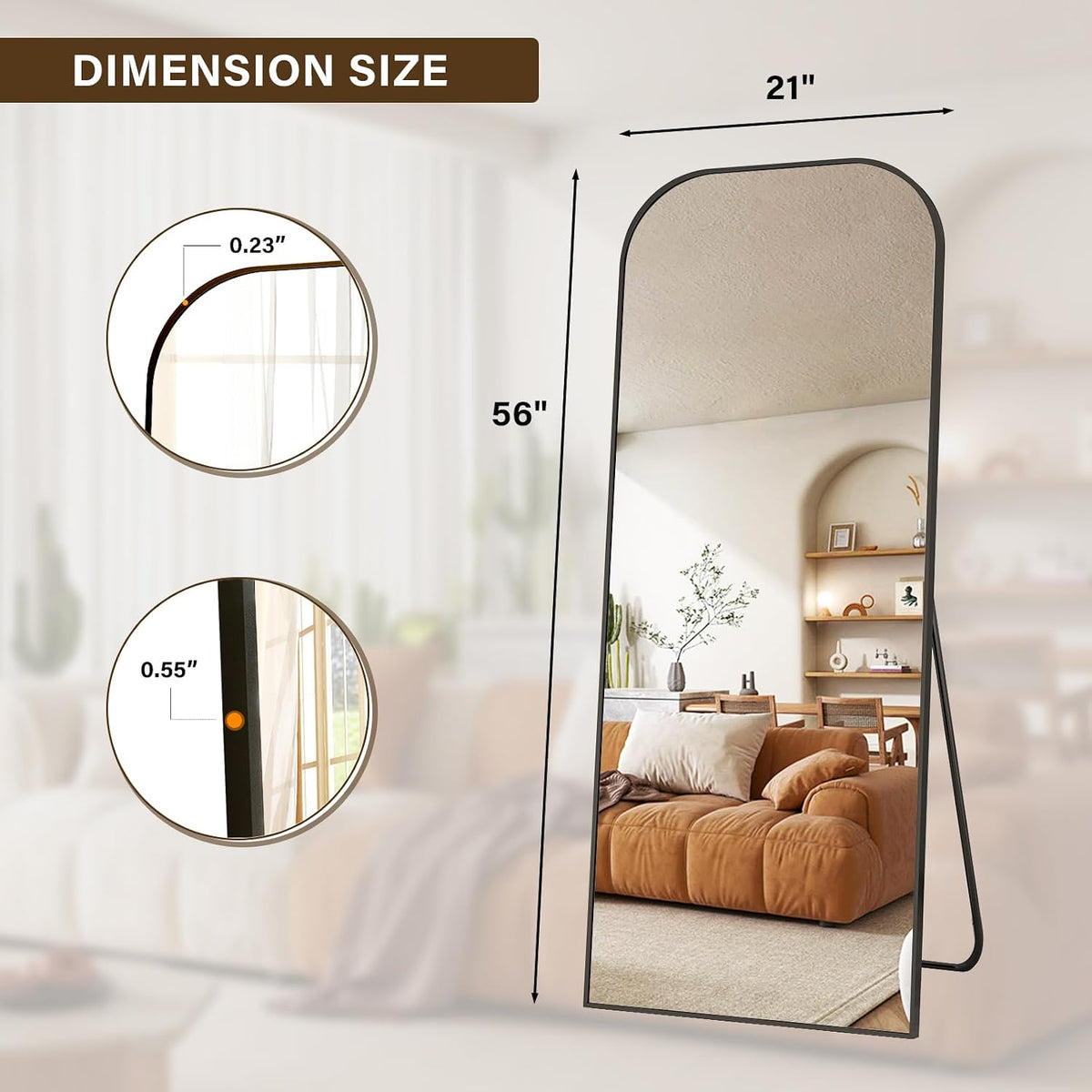 56x21 Inch Full Length Mirror - Large Floor Standing & Wall Mountable Full Body Mirror with Sturdy Aluminum Frame, Arched Top Design, Freestanding or Hanging for Bedroom, Living Room, Cloakroom,Black