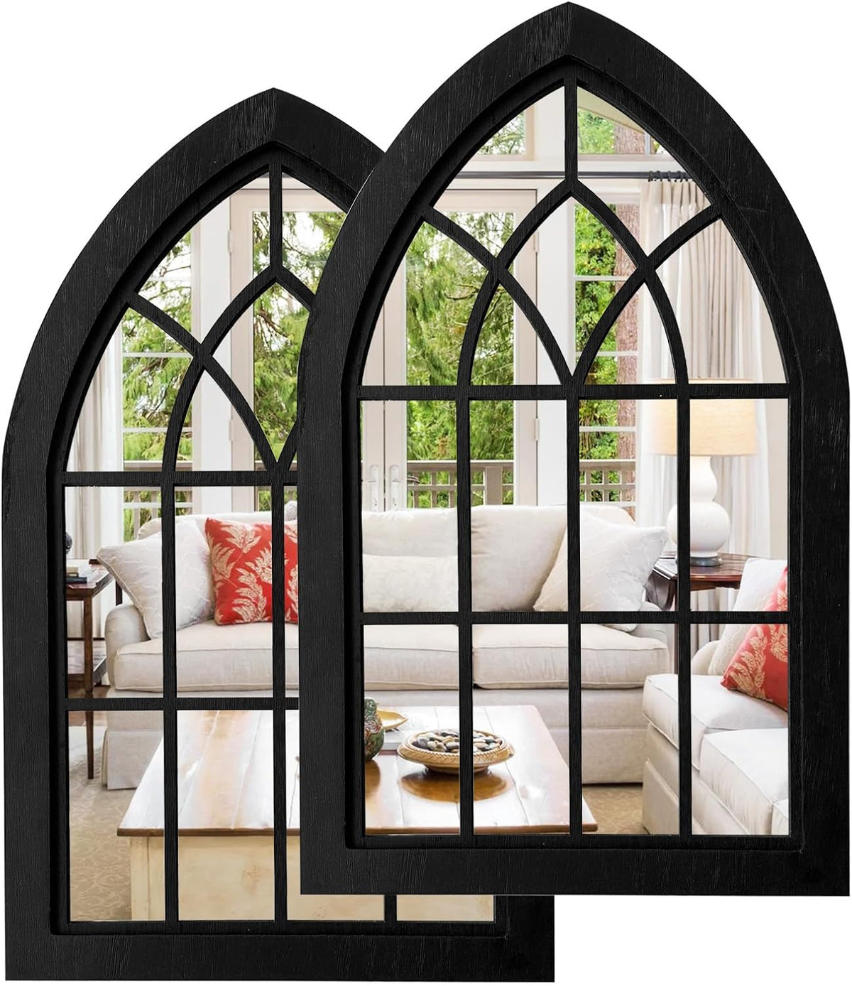 ZEXUIRU 2 Set Rustic Wall Mirrors for Bedroom Bathroom Living Room Entryway Wood Farmhouse Easy to Hang Framed Decorative Accent Hanging Wall-Mounted Mirror Set for Living Room - Black