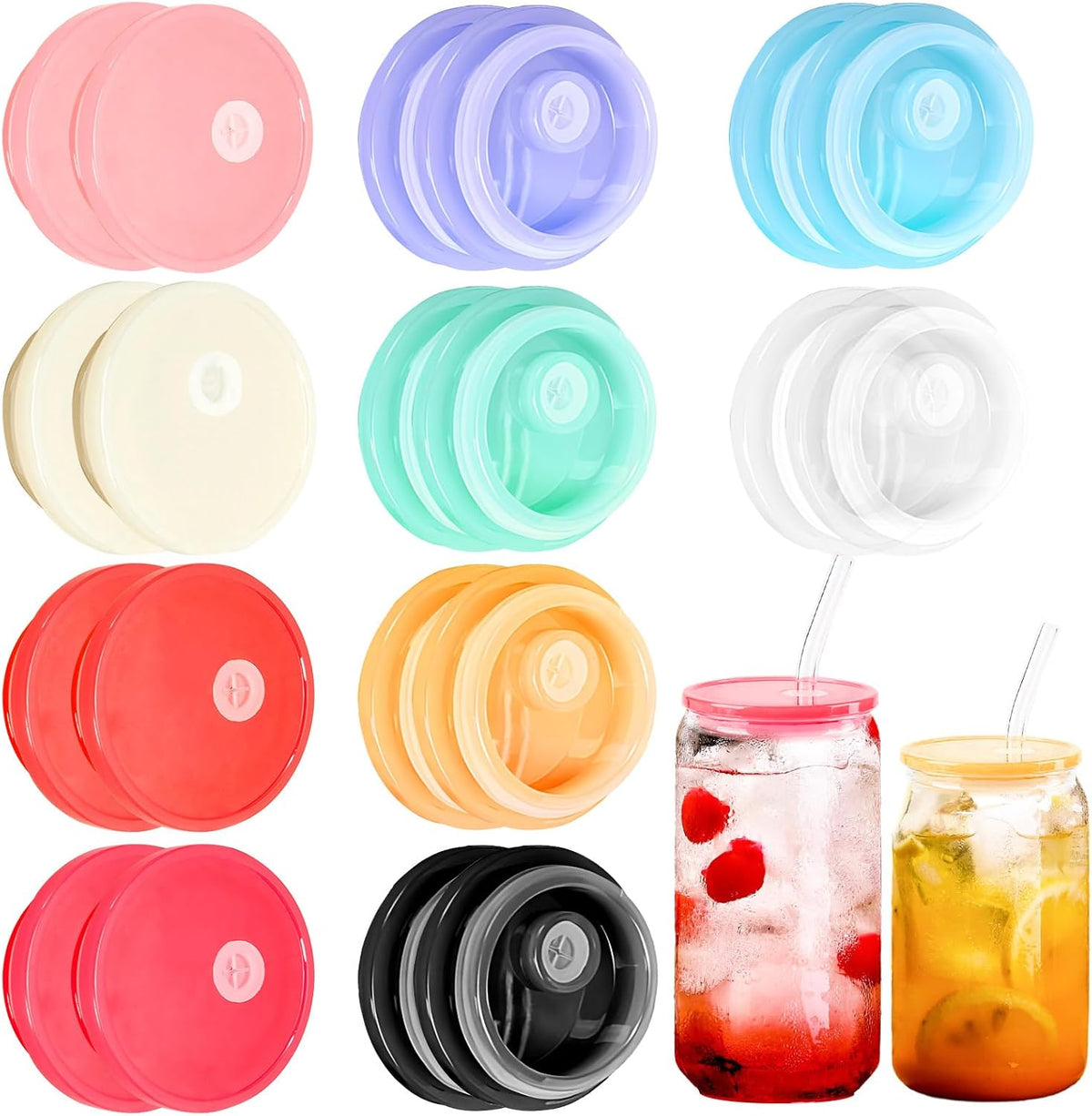 36-Pack Colorful Acrylic Cup Lids with Straw Hole - Spill-Proof Reusable Covers for 16oz Glasses & Tumblers - Perfect for Iced Coffee, Beer, Beverages