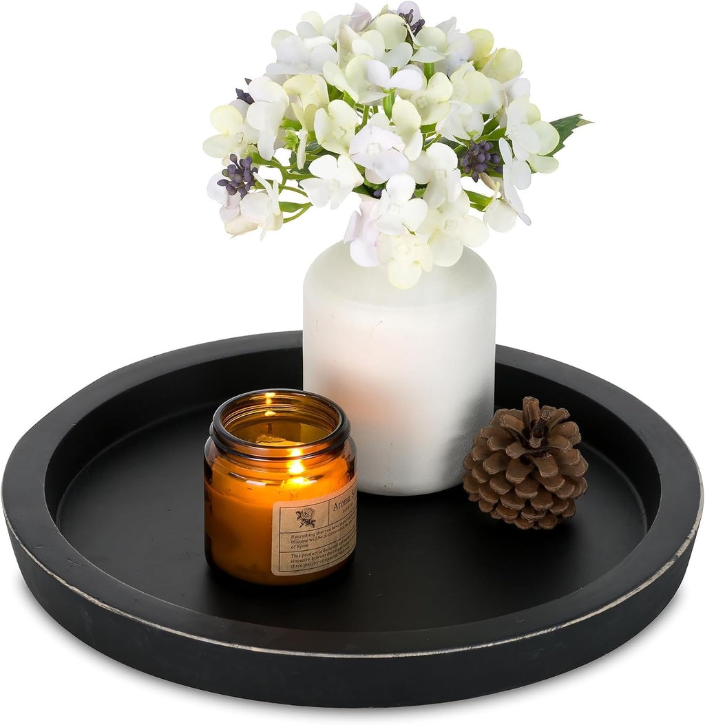 Hanobe Wooden Tray for Coffee Table: Candle Holder Plate Black Round Decorative Serving Tray - Vintage Table Centerpiece Rustic Farmhouse Home Decor