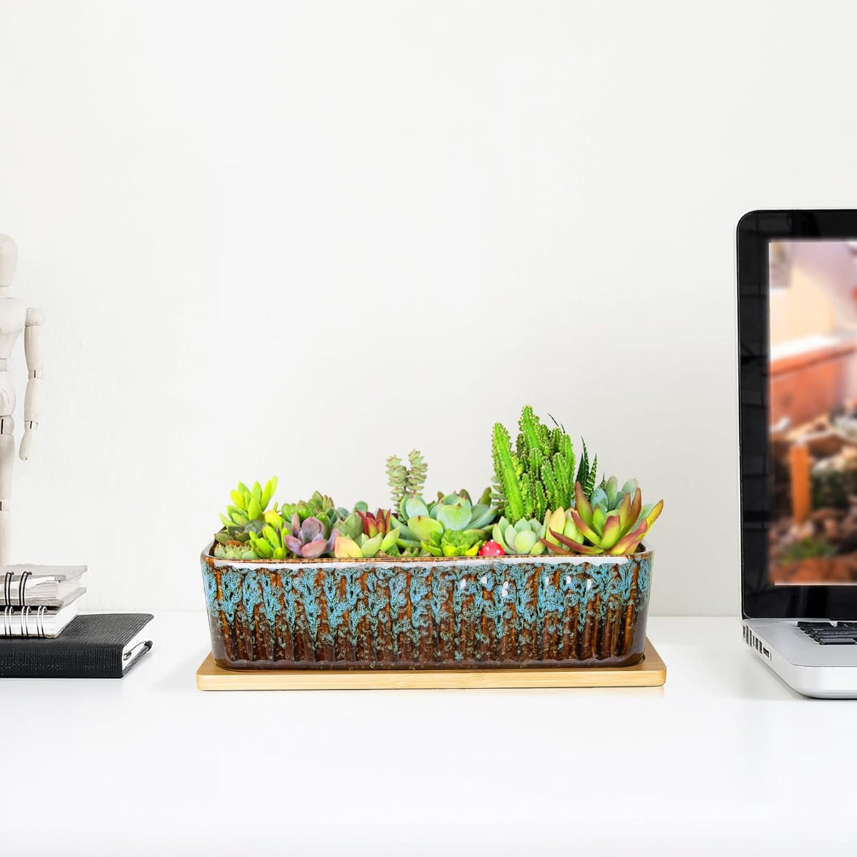 Succulent Pots, 12'' Long Rectangle Planters with Tray, Windowsill Planter