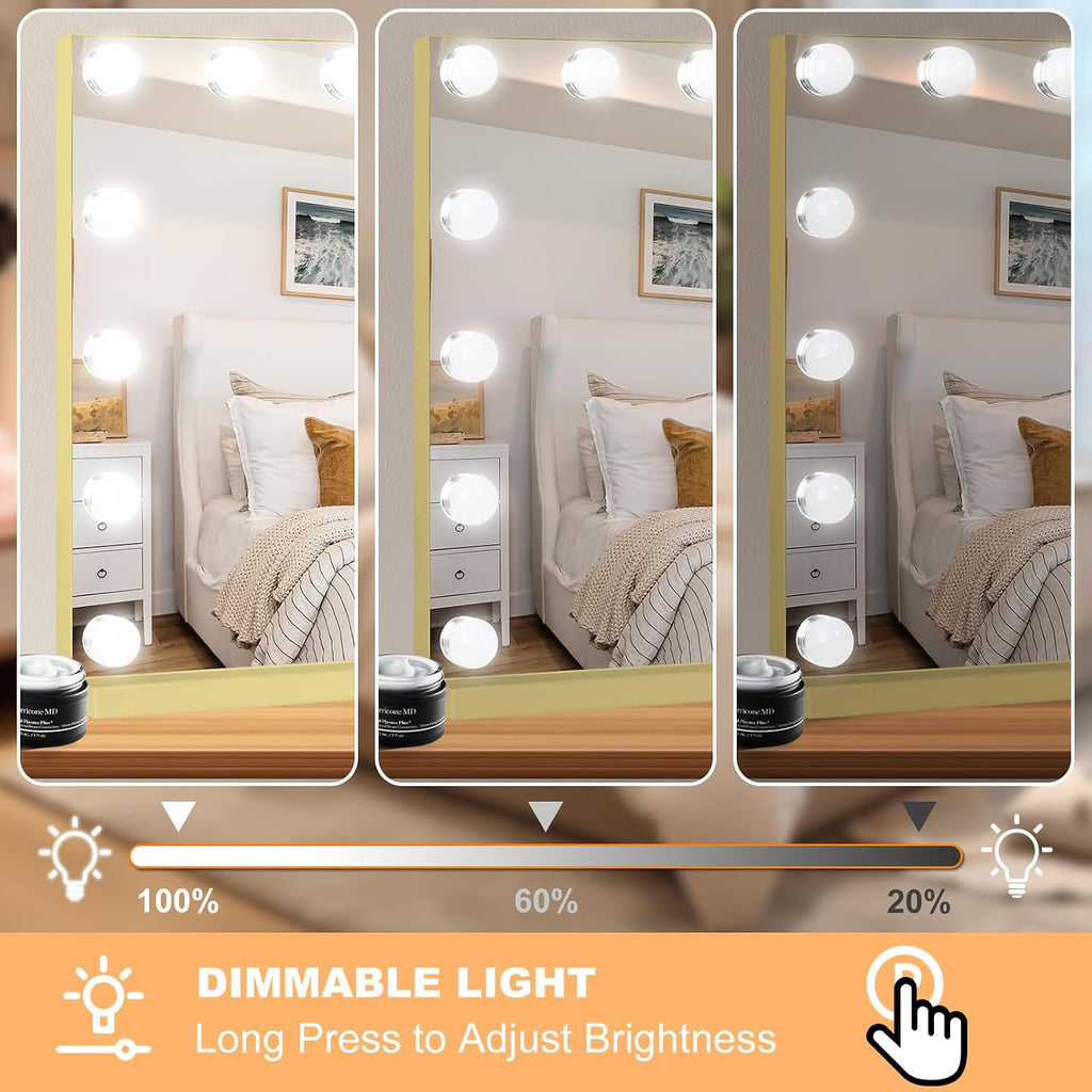 Moonee Vanity Mirror with Lights, Gold Hollywood Lighted Makeup Mirror with 15 Dimmable Bulbs and 10X Magnification, 3 Colors Modes, Aluminum Metal Frame, Light Up Mirror for Tabletop/Wall（23" x 18"）