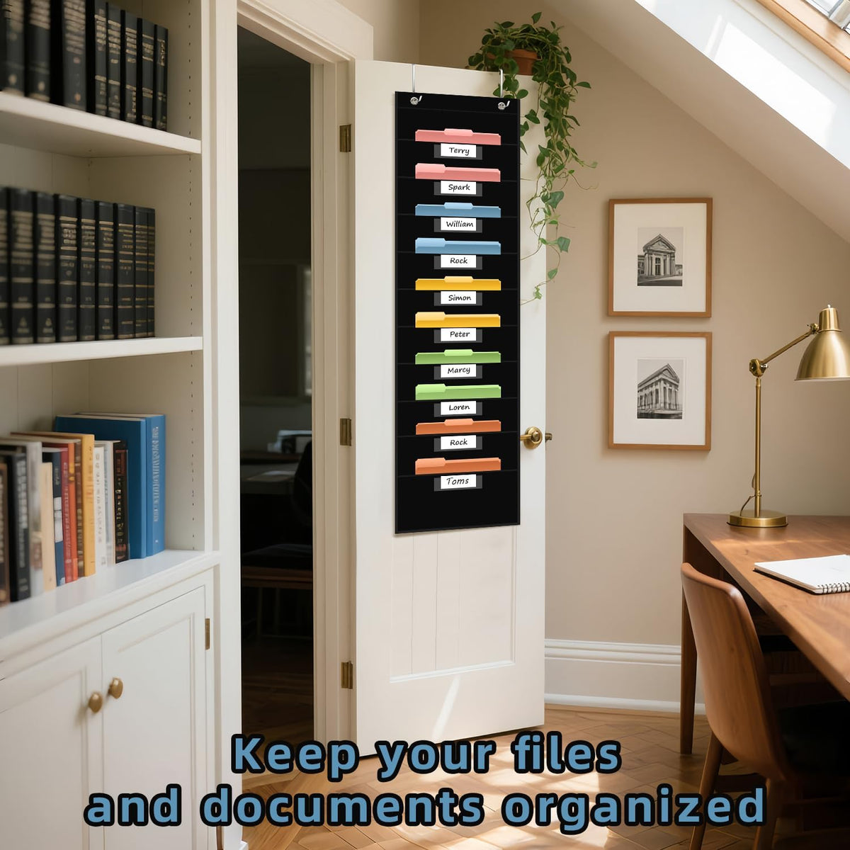 10 Pocket Hanging Wall File Organizer with 10 Nametag Pockets, File Pocket Chart for Classroom and Office. Perfectly Stores Assignments, Files, Scrapbooks, and Documents.