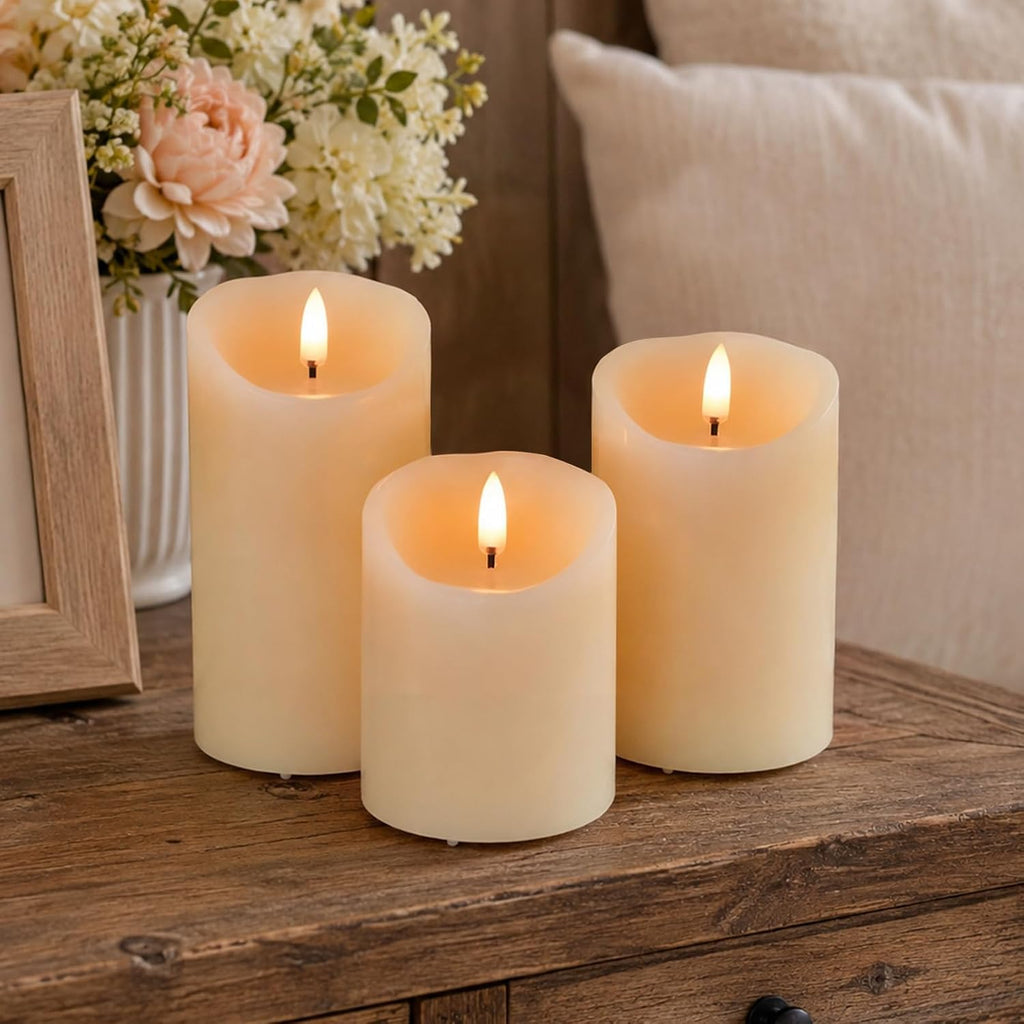 Rechargeable LED Flickering Flameless Candles, Fake Candles Set of 3（Ivory）