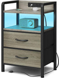 Lazzanto Nightstand with Rear Charging Station, LED Light, 2 Drawers, Grey