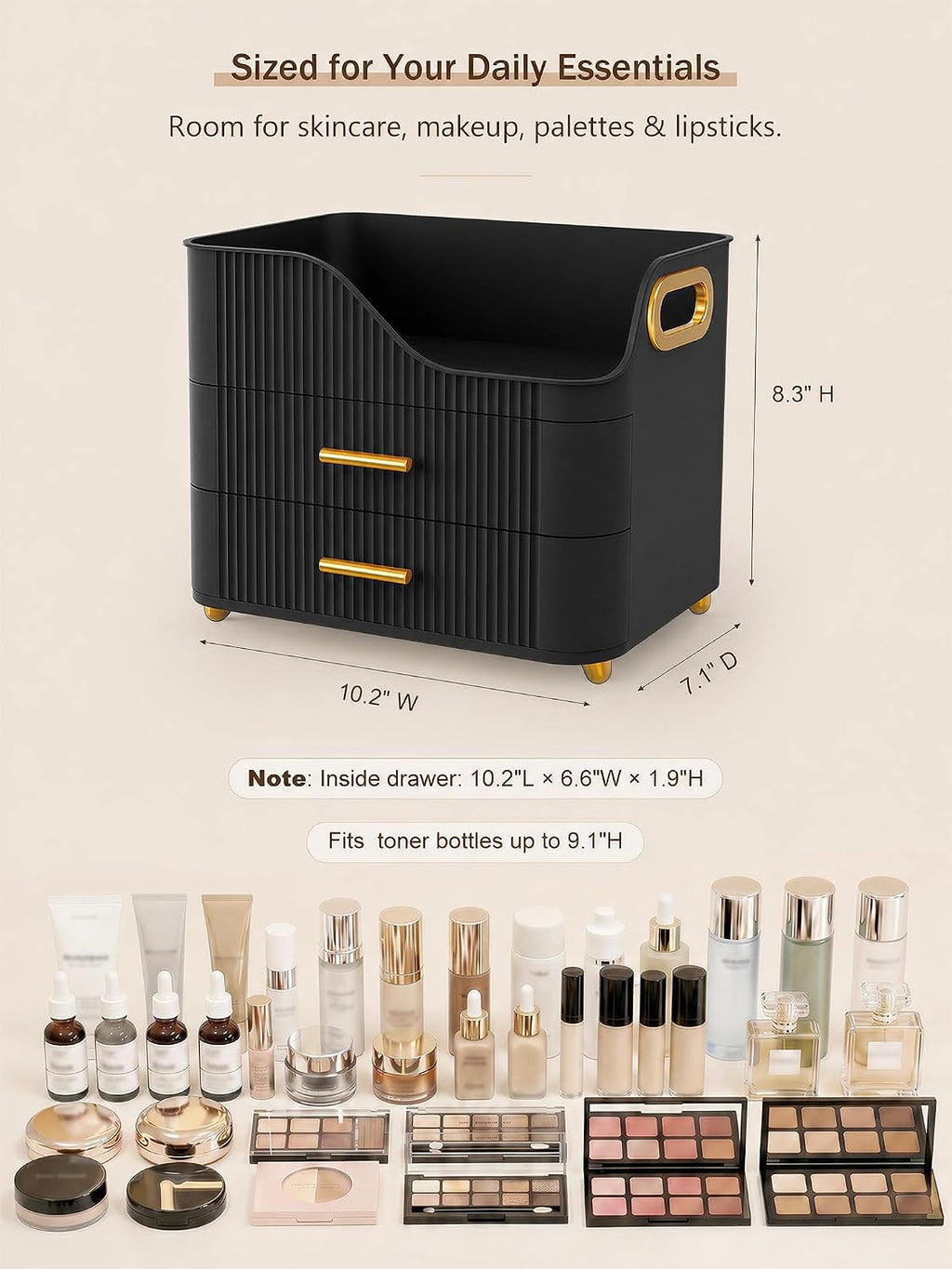 Large Makeup Organizer for Vanity, Bathroom Countertop, Black