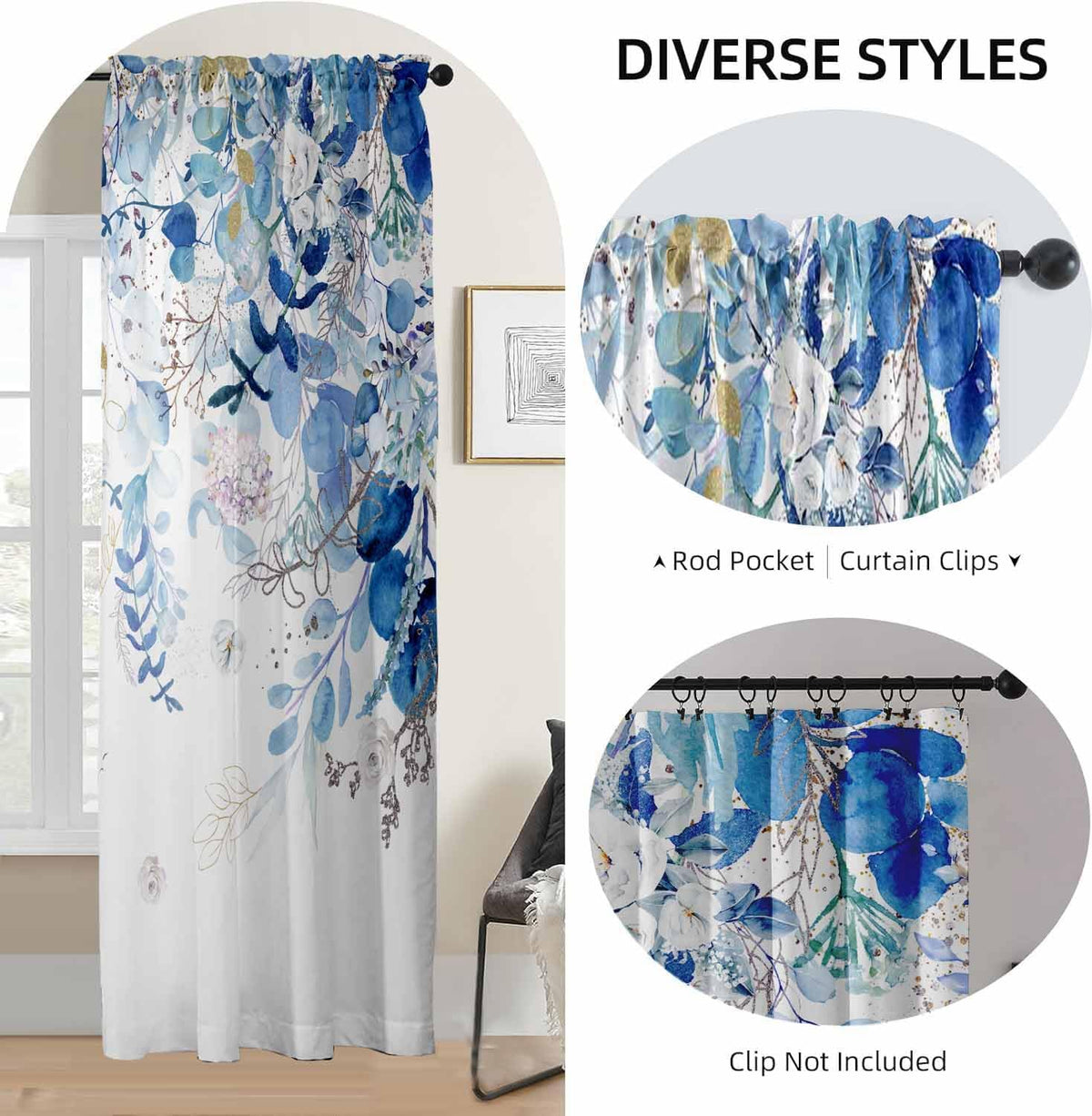 Blue Eucalyptus Curtains for Living Room 84" Length Watercolor Leaf Plant Spring Summer Blue and White Semi-Sheer Curtains for Bedroom Kitchen Windows,Botanical Nature Light Blue Gold Curtain, 2 Pack