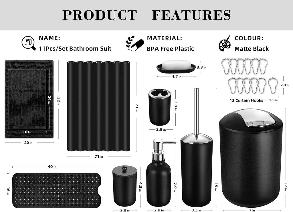 Black Bathroom Accessories Set, 23Pcs Bath Accessory Sets Complete with Bathtub Mat, Shower Curtain Set with Hooks, Soap Dispenser, Toothbrush Holder, Qtip Holder, Trash Can, Toilet Brush