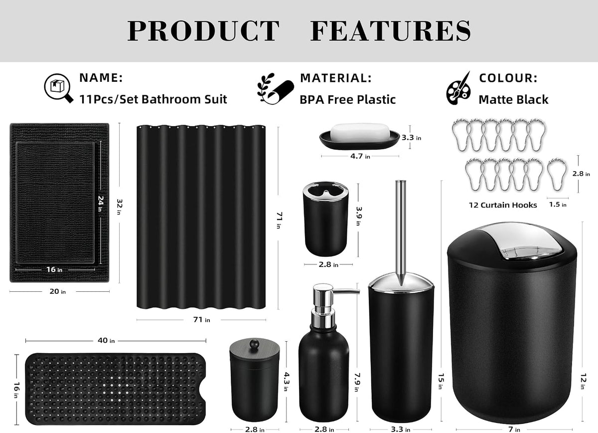 Black Bathroom Accessories Set, 23Pcs Bath Accessory Sets Complete with Bathtub Mat, Shower Curtain Set with Hooks, Soap Dispenser, Toothbrush Holder, Qtip Holder, Trash Can, Toilet Brush