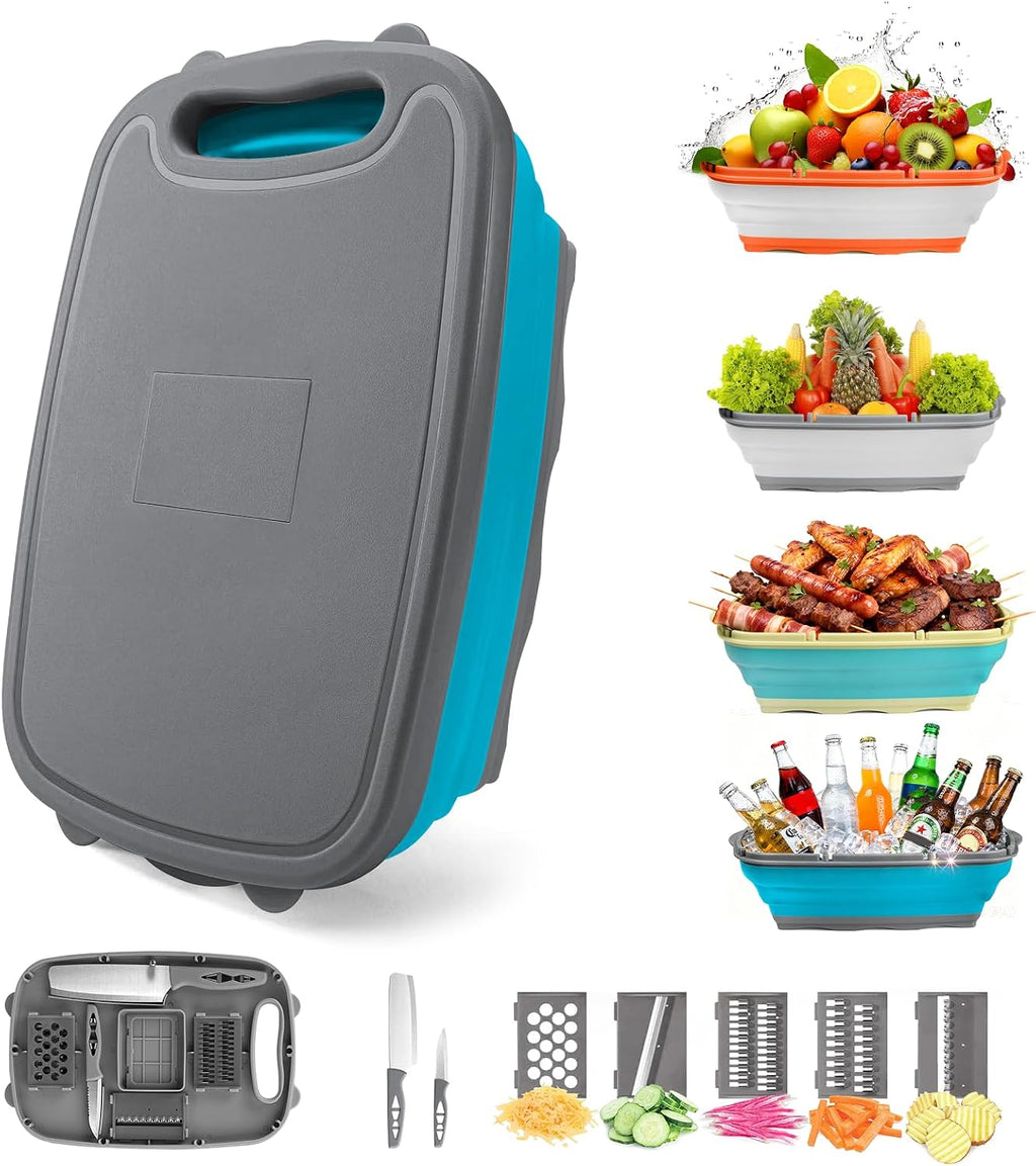 Gintan Camping Cutting Board, 9-in-1 Collapsible Chopping Board with Colander, Kitchen Vegetable Washing Basket for Camping, Camping Gifts Camping essentials for RV Campers (Blue Green)
