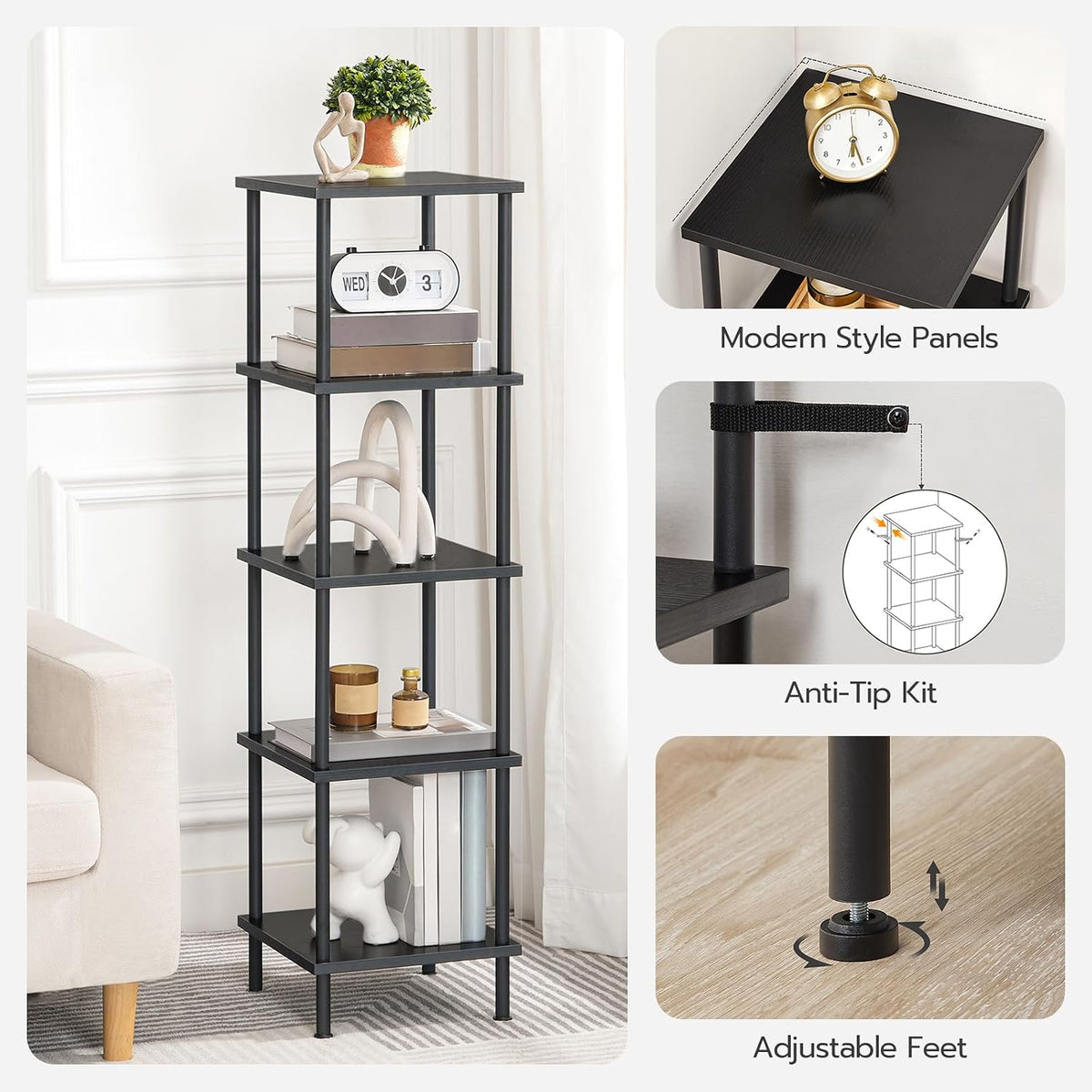 HOOBRO 5-Tier Corner Shelf Stand, Corner Square Rack Display Shelf, Tall Storage Rack Plant Stand, Corner Bookcase for Small Spaces, Living Room, Home Office, Kitchen, Black BK50CJ01