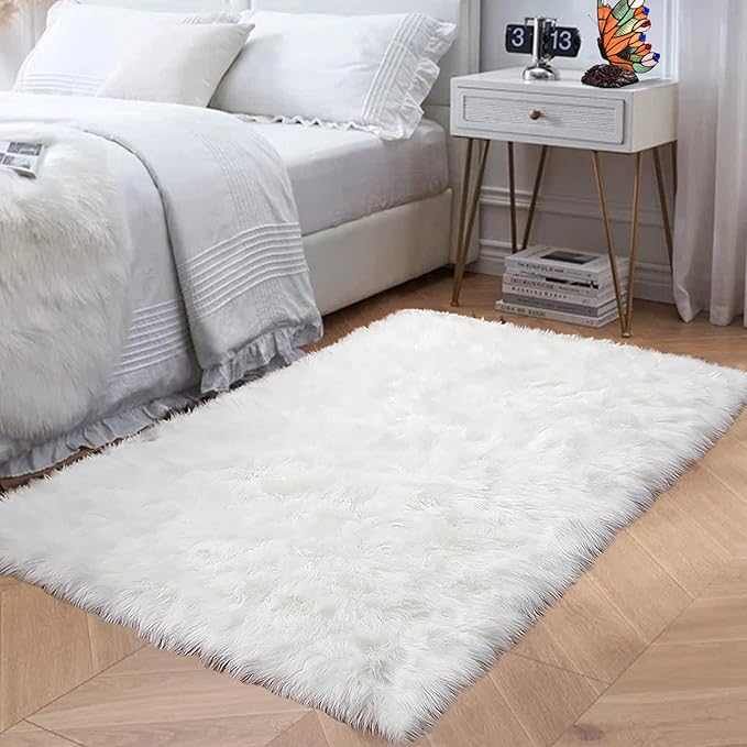 Goolela White Fluffy Fuzzy Rug 3x5 Faux Fur Sheepskin Rug - Image 2