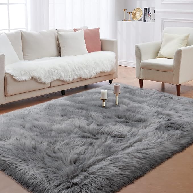 Faux Fur Area Rug, Indoor Plush Gray Floor Carpets - Image 3