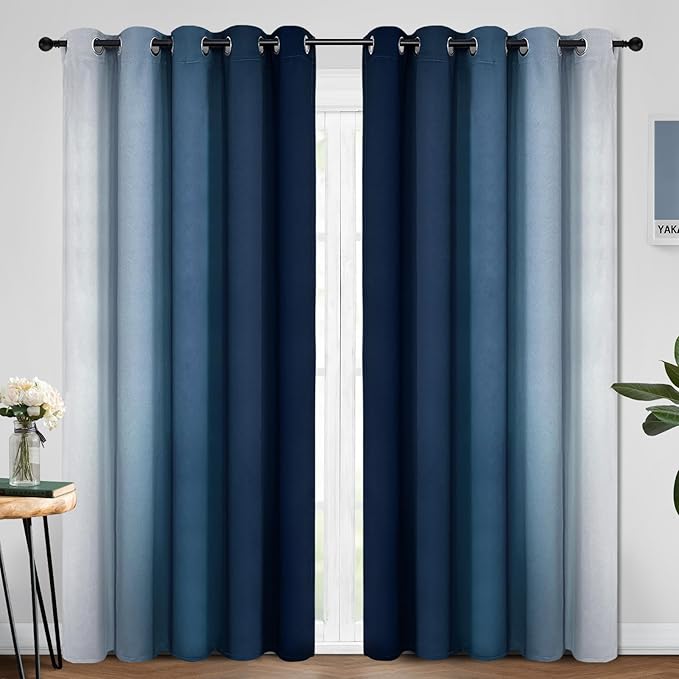 Yakamok Blue and Greyish White Ombre Curtains, Room Darkening Gradient Color - Image 2