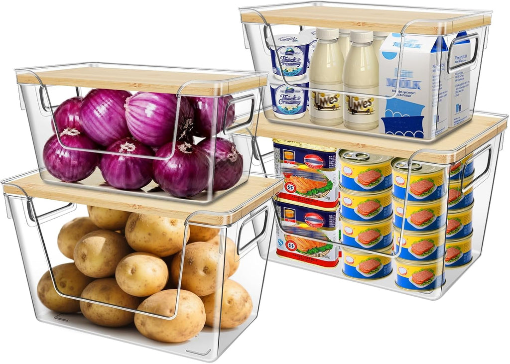 4 Set Stackable Storage Plastic Container with Removable Bamboo Cover