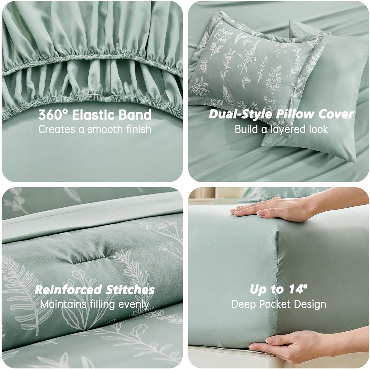 MUXHOMO Queen Comforter Set, 7-Piece Floral Bed in a Bag, Sage Green